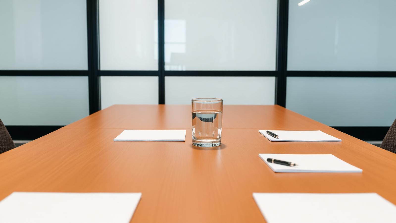 Empty conference table with blank notepads, pens and a glass of water