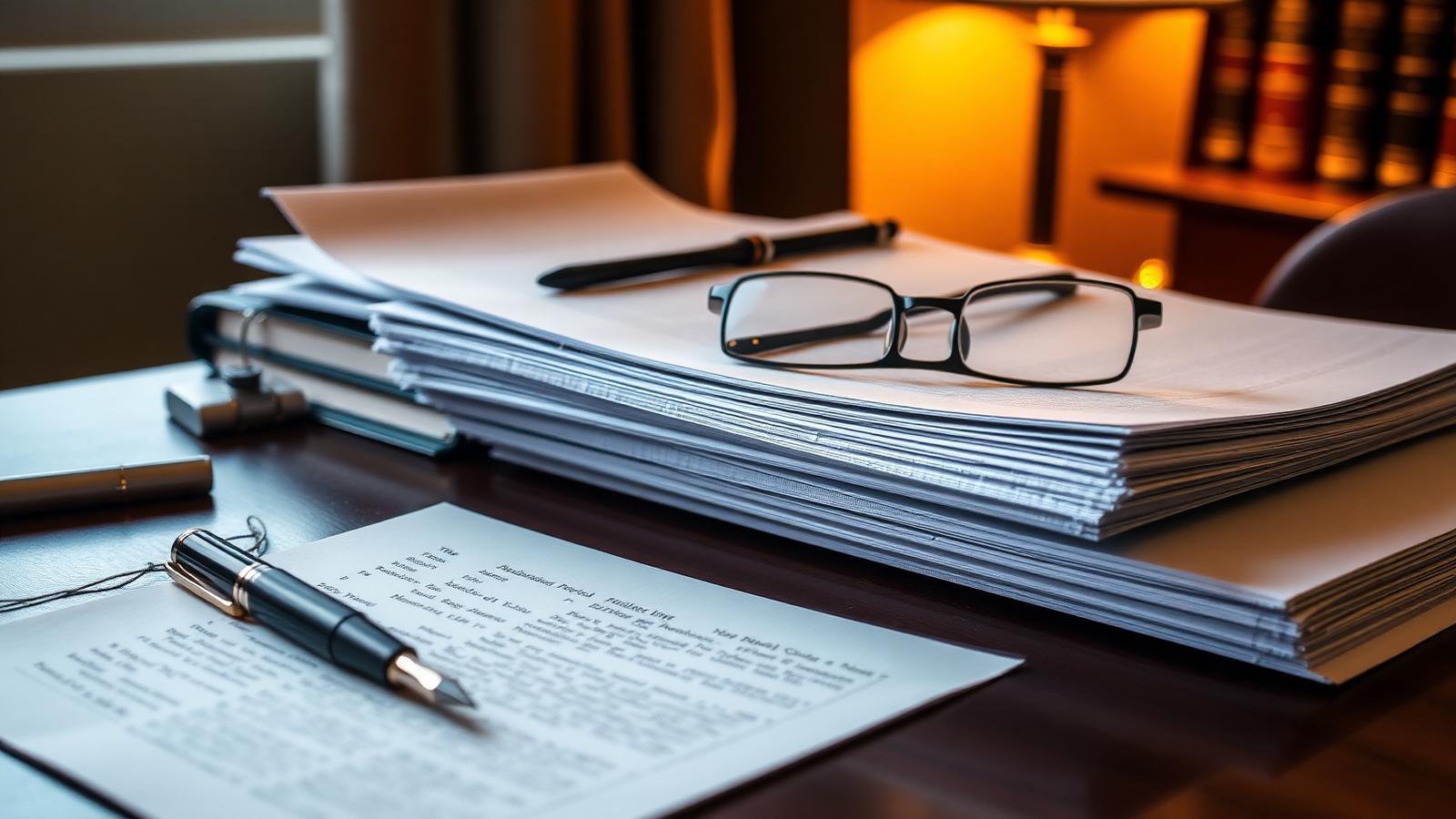 Stack of legal documents with a fountain pen and reading glasses on a wooden desk