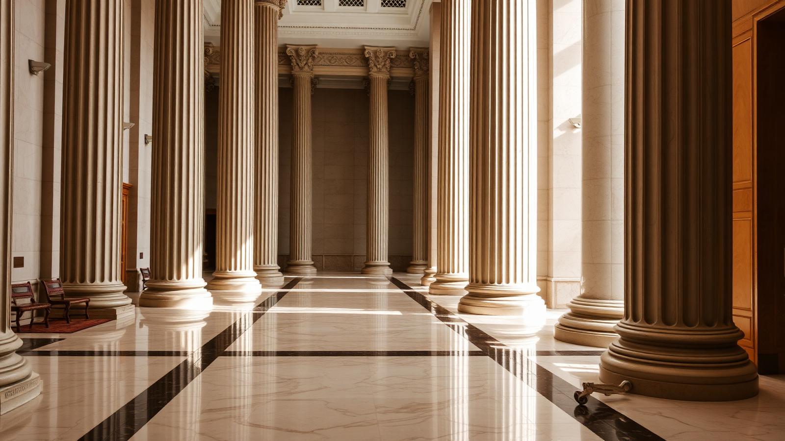 Empty courthouse hallway with tall marble columns and polished floors