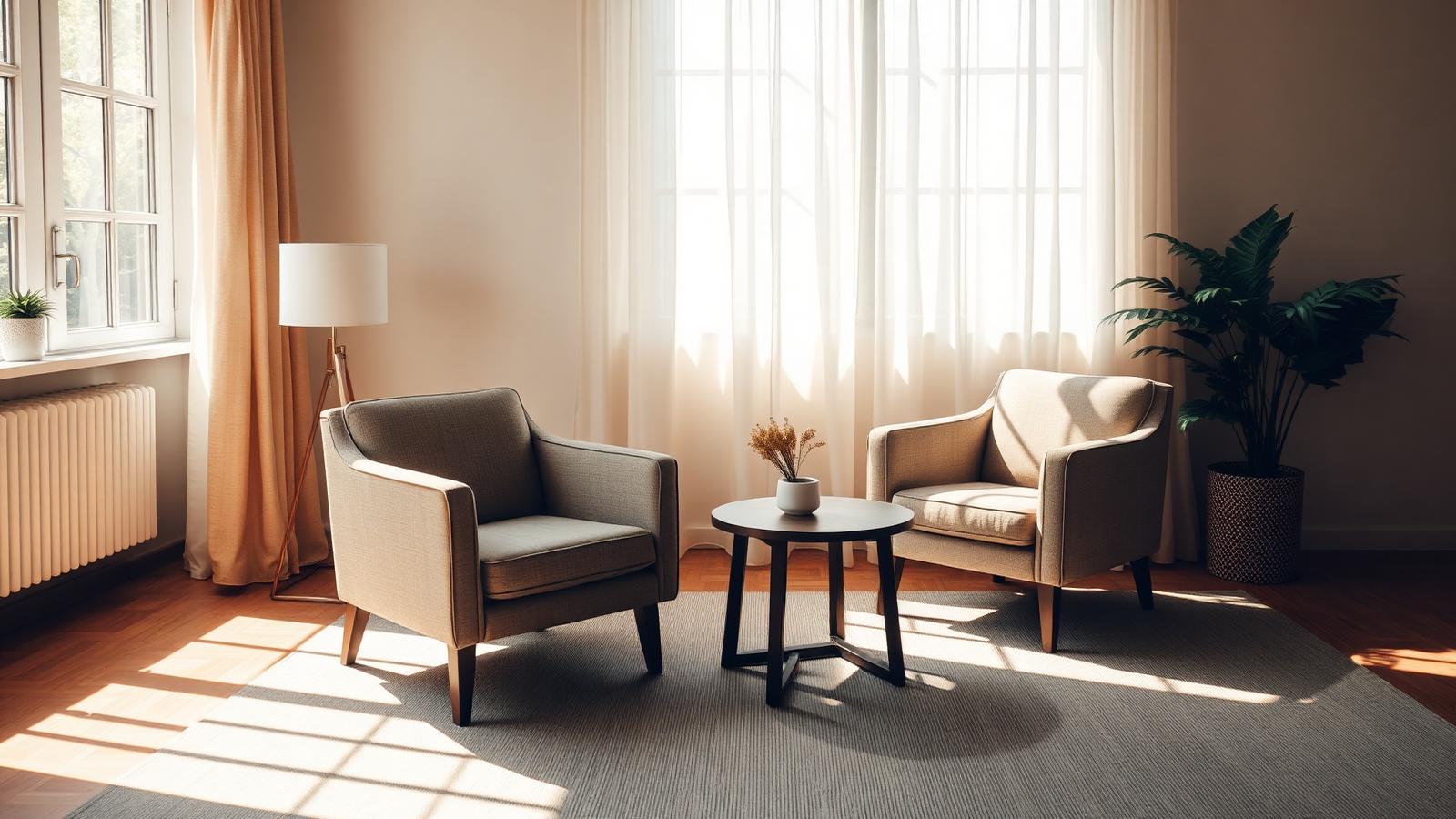 Sunlit living room with two empty armchairs and a small side table