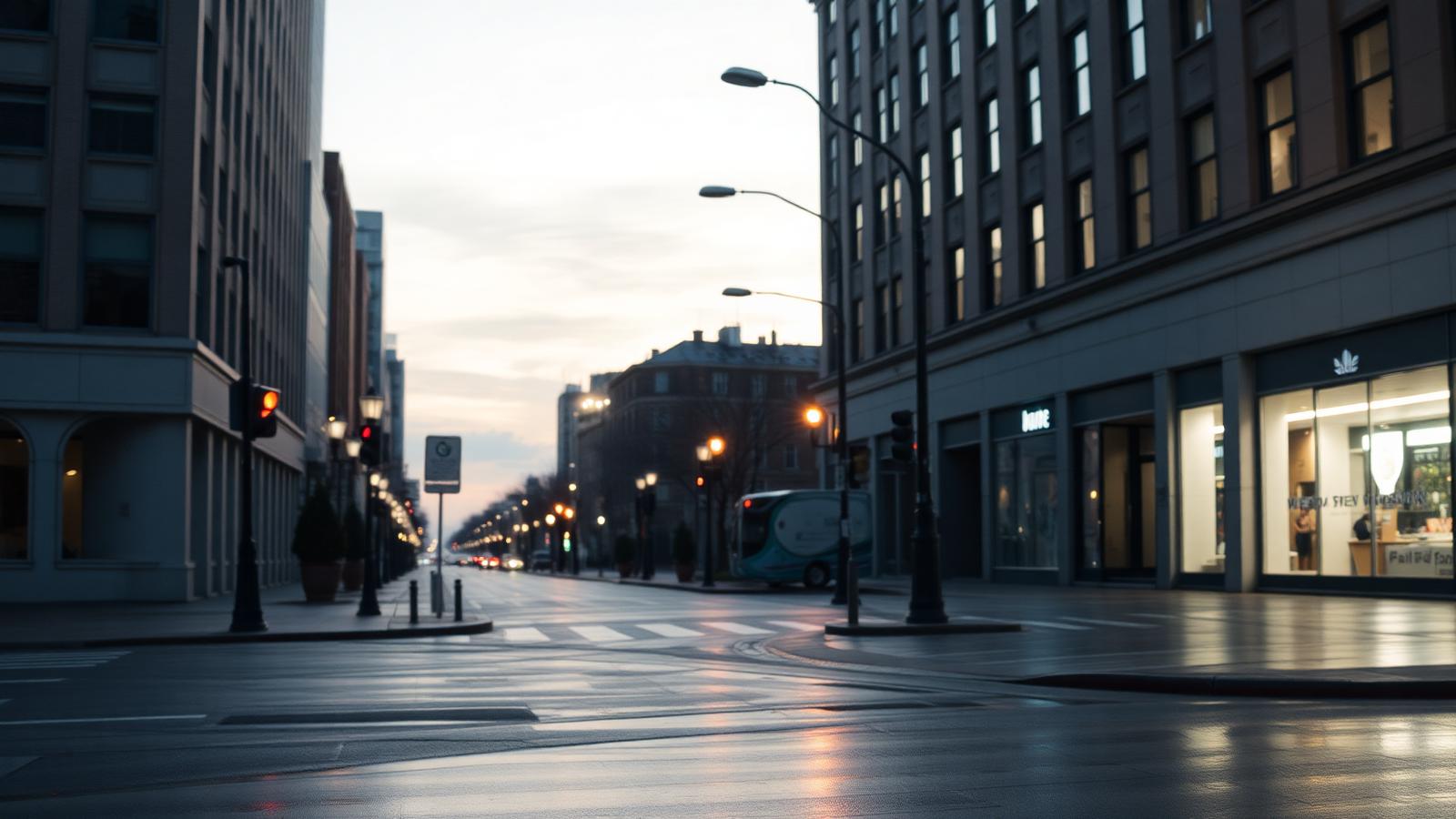 Quiet city street corner at dusk with wet pavement reflecting streetlights